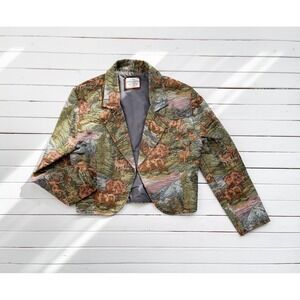 vtg Great Montana Duster‎ buffalo deer scenic cottagecore woven tapestry jacket